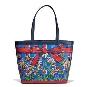 BRIGHTON BEE HAPPY LEATHER TOTE HANDBAG PURSE NAVY BLUE RED BOW HEARTS